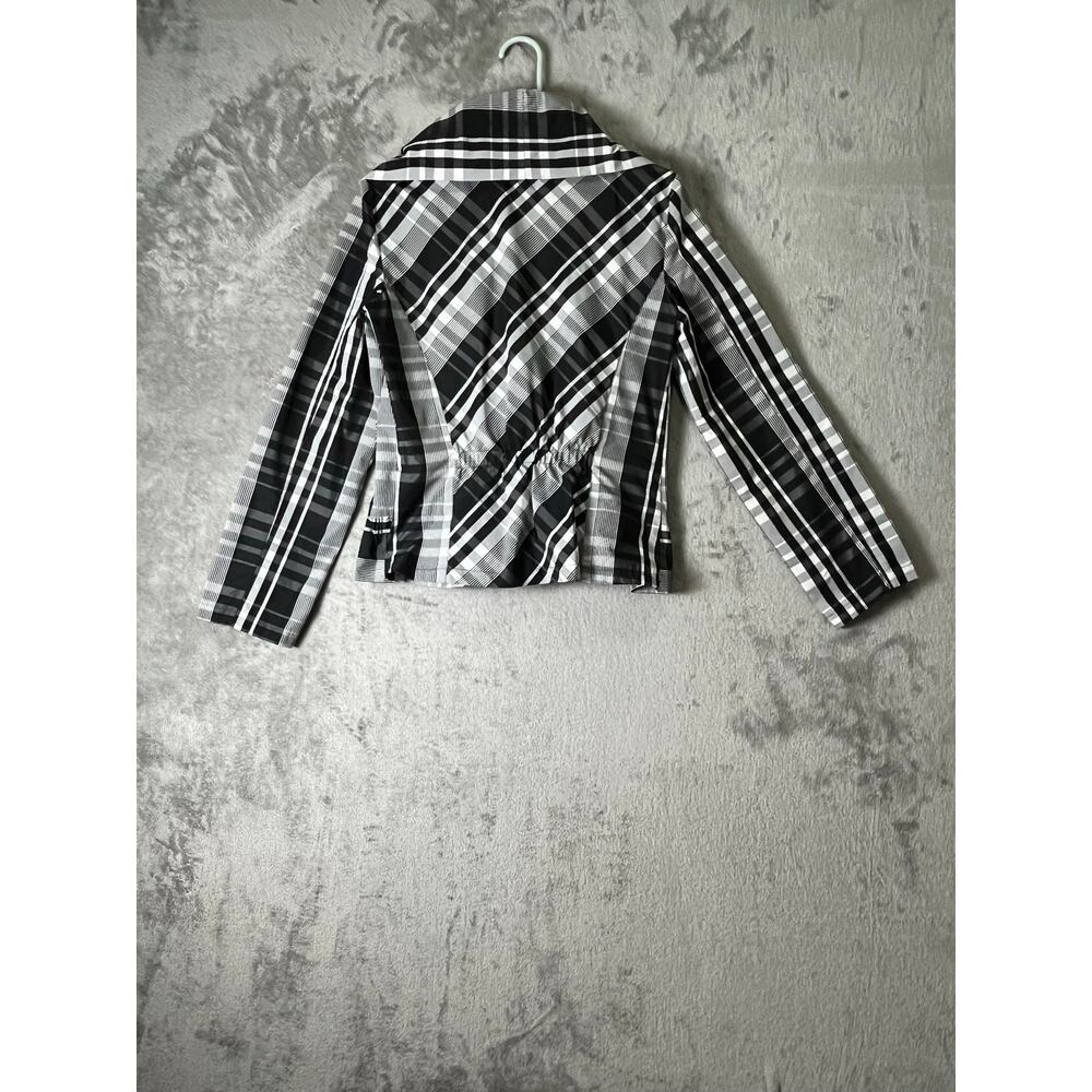 Cartise Plaid Draped Shawl Collar Peplum Blazer Jacket Black White Fitted Size 4 - Picture 3 of 7
